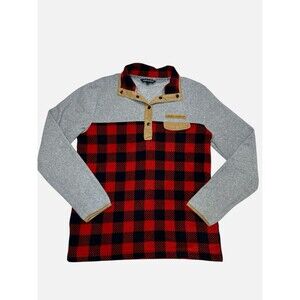 Simply Southern Gray Red Buffalo Plaid 1/4 Button Pullover Women’s Med Outdoors